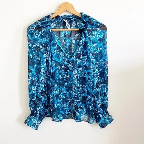 By Anthropologie blue Sheer floral Printed Peasant Blouse size small - Picture 4 of 10